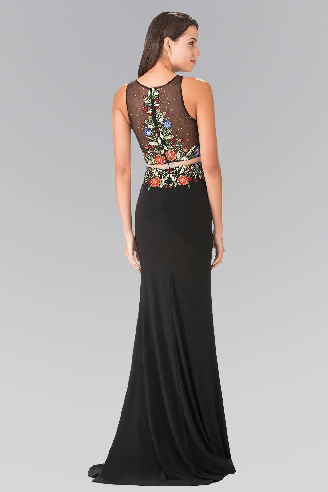 Mock Two-Piece Jersey Long Dress with Floral Embroidery Details by Tux-USA