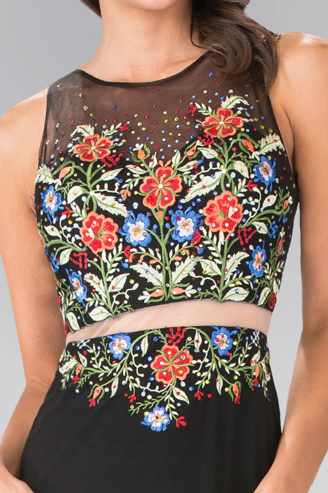 Mock Two-Piece Jersey Long Dress with Floral Embroidery Details by Tux-USA