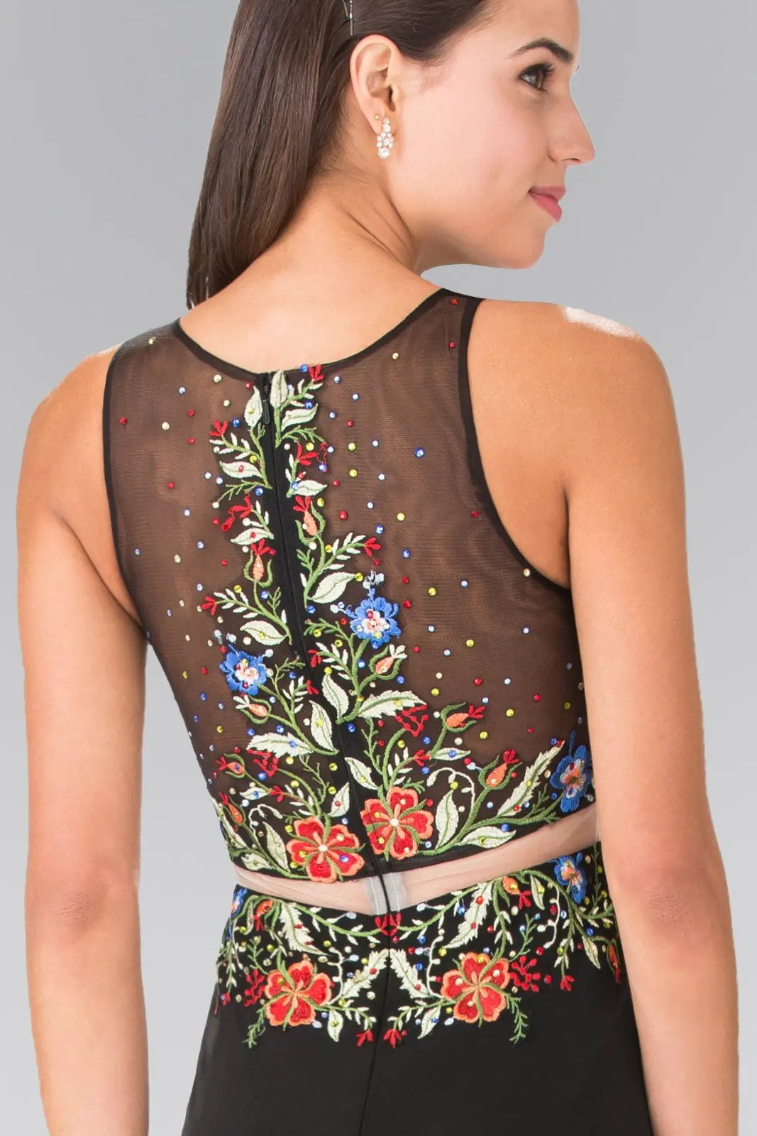 Mock Two-Piece Jersey Long Dress with Floral Embroidery Details by Tux-USA
