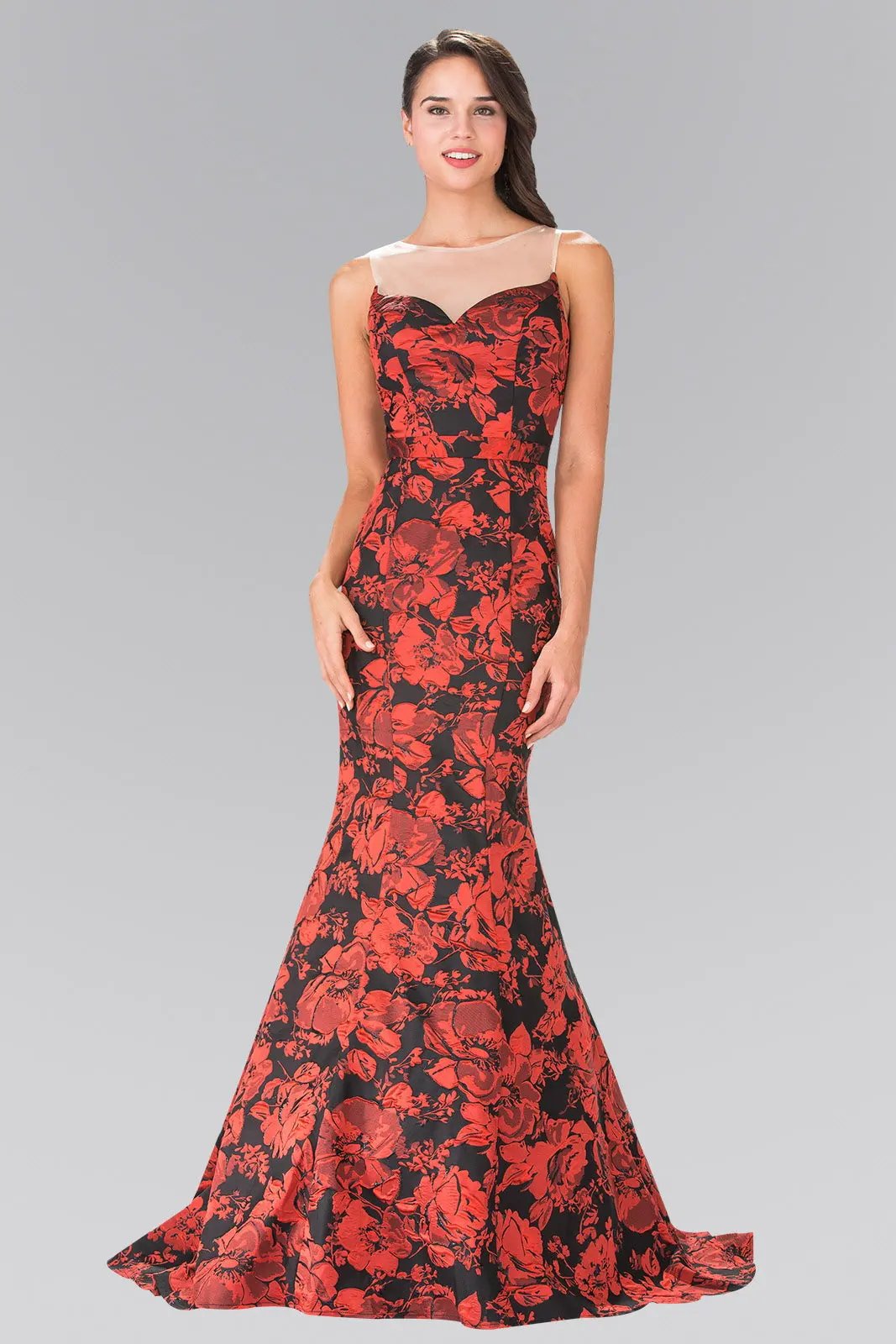 Illusion Sweethearted Flower Print Long Dress with Sheer Back by Tux-USA