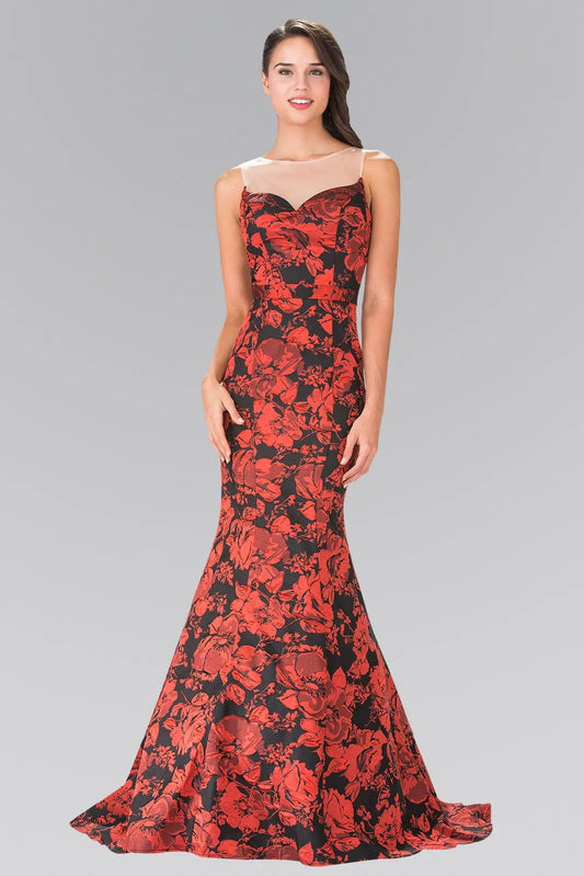 Illusion Sweethearted Flower Print Long Dress with Sheer Back by Tux-USA