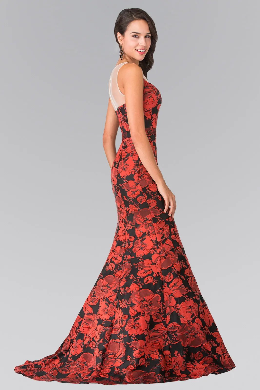 Illusion Sweethearted Flower Print Long Dress with Sheer Back by Tux-USA