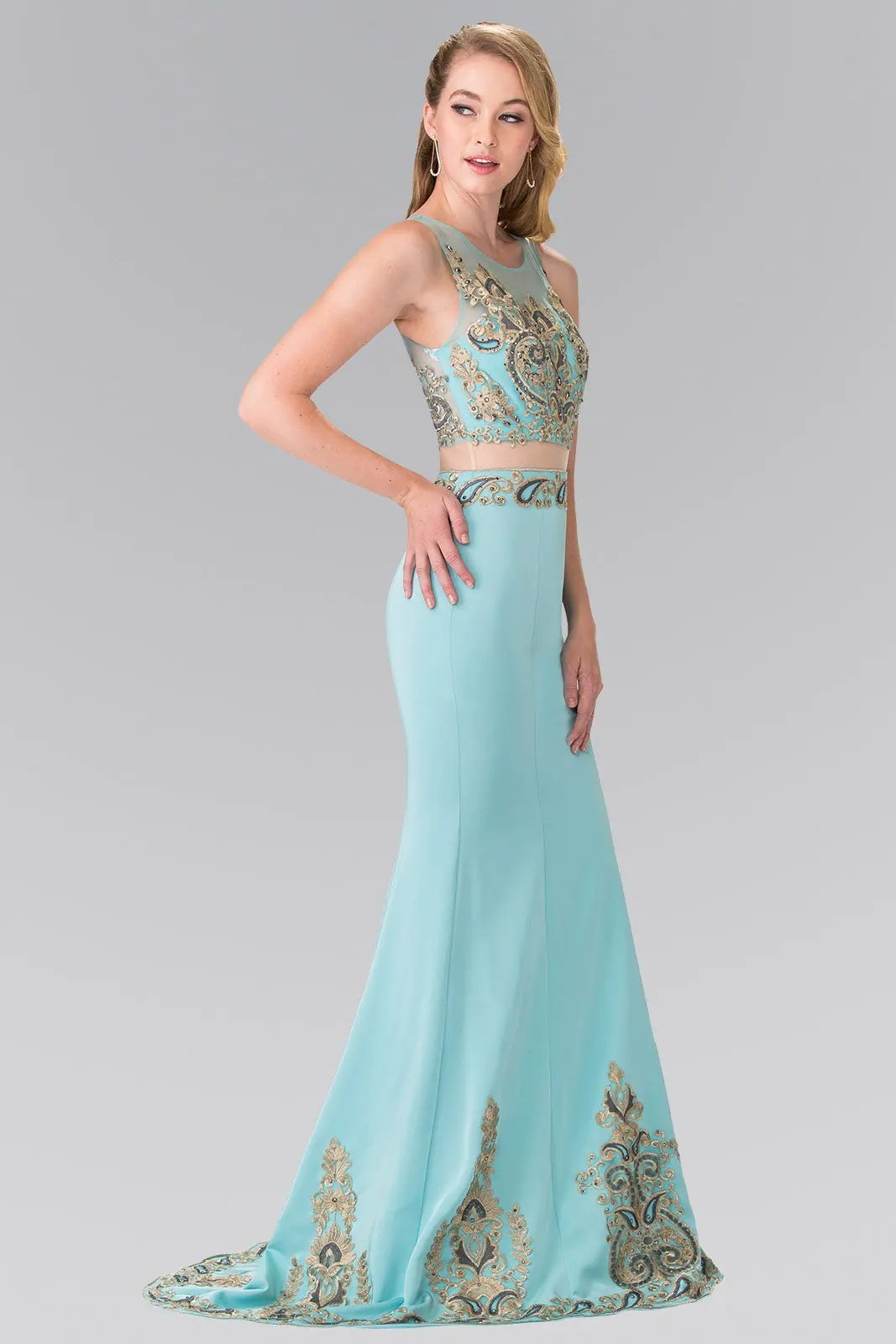 Sleeveless Mock Two-Piece Prom Dress with Loyal Embroidery Details by Tux-USA