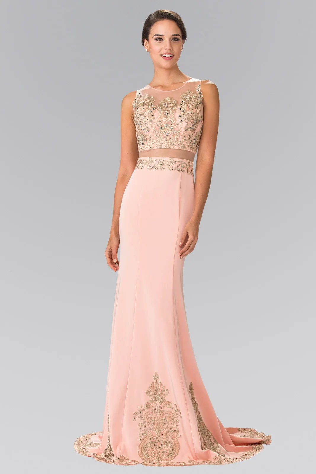 Sleeveless Mock Two-Piece Prom Dress with Loyal Embroidery Details by Tux-USA