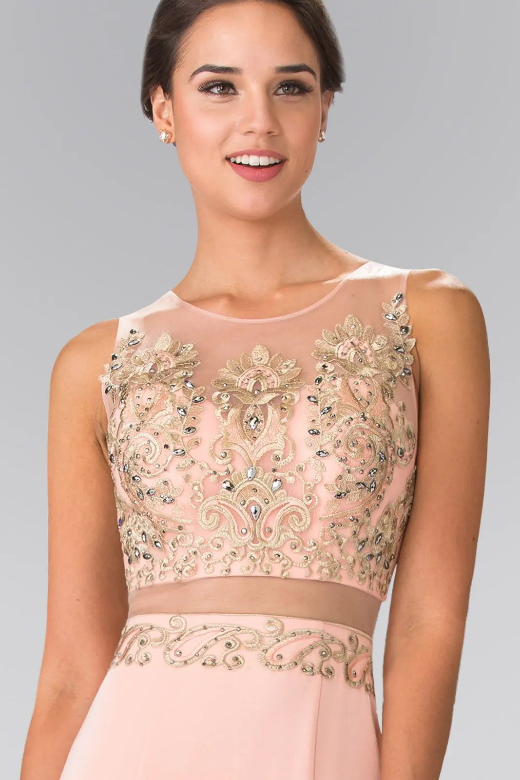 Sleeveless Mock Two-Piece Prom Dress with Loyal Embroidery Details by Tux-USA