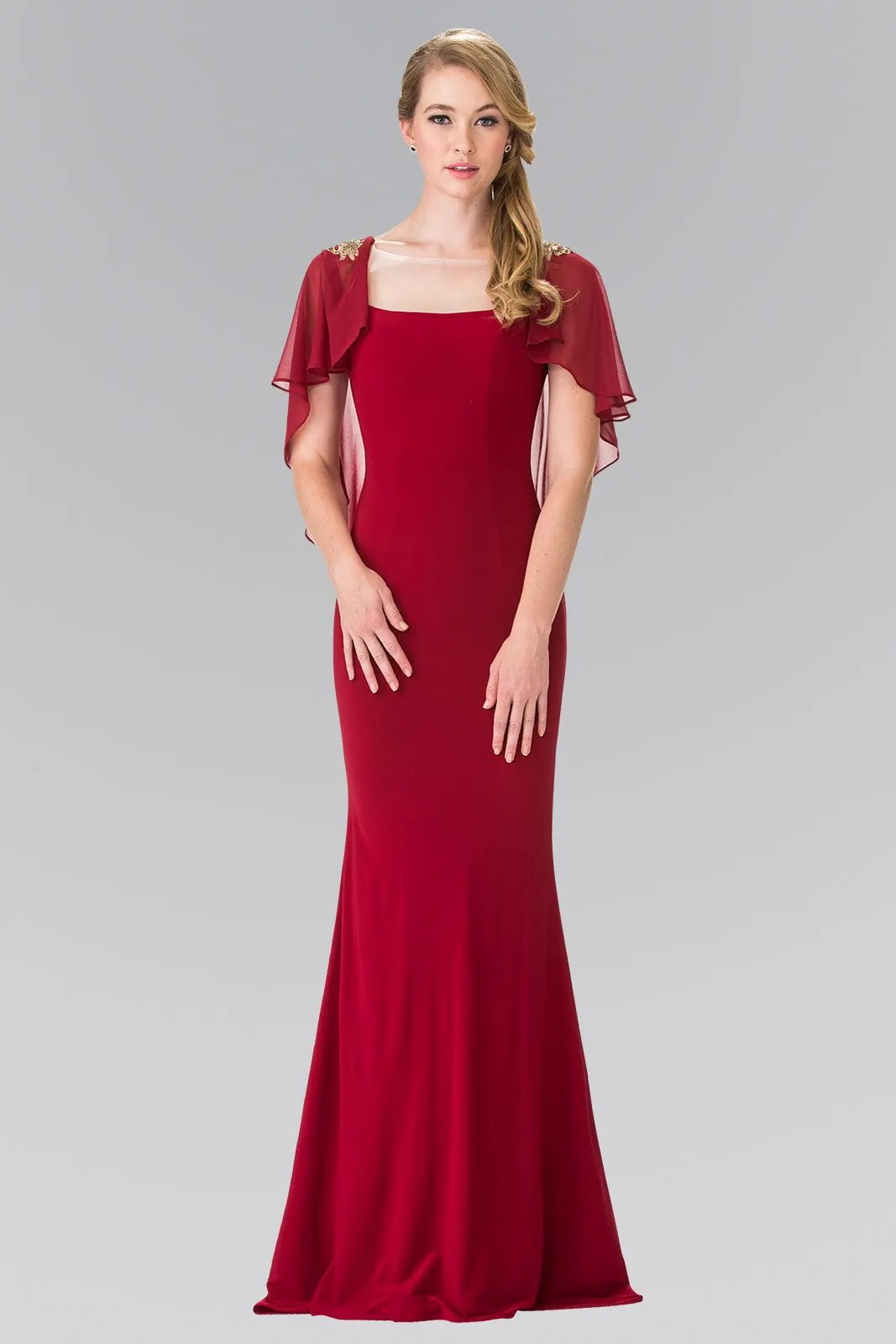 Sleeveless Jersey Long Dress with Attached Cape that Drapes Down the Back by Tux-USA