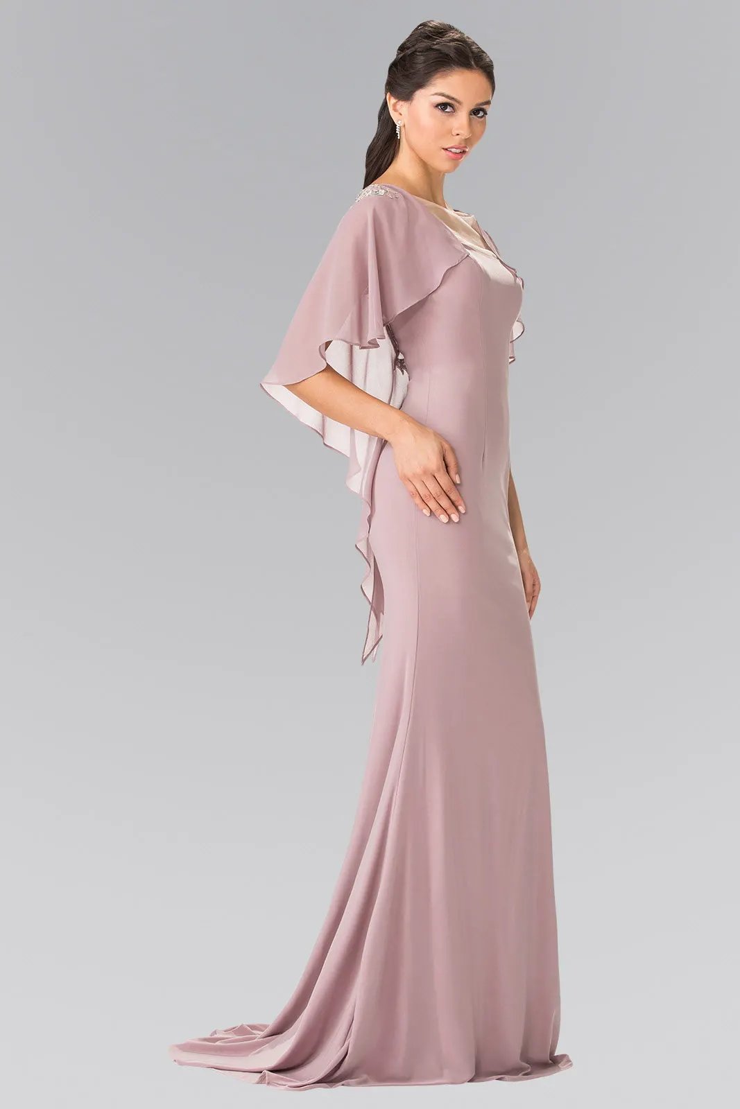 Sleeveless Jersey Long Dress with Attached Cape that Drapes Down the Back by Tux-USA