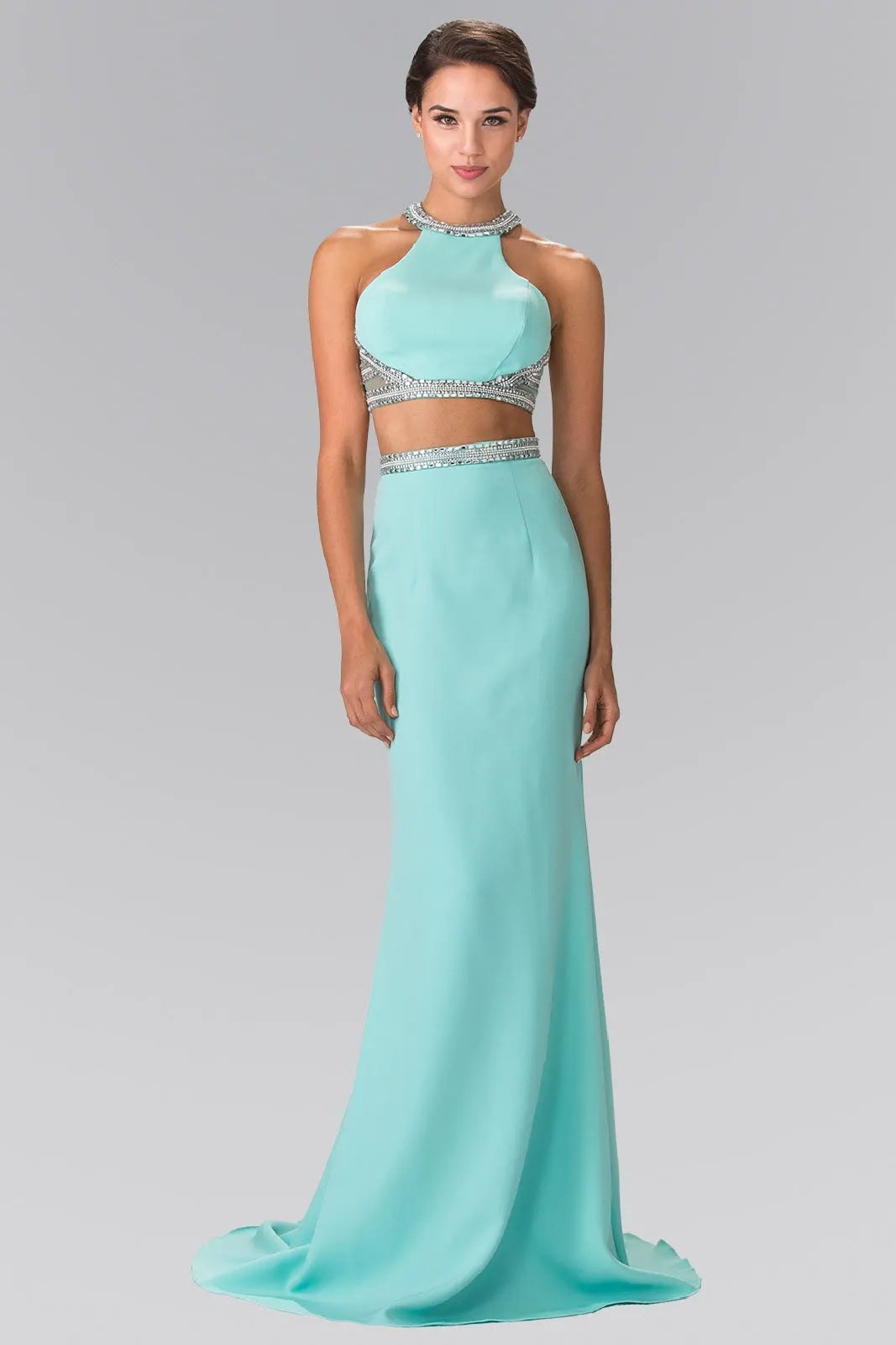 High Neck Two-Piece Jersey Long Dress Accented with a Beaded Band Waistline by Tux-USA
