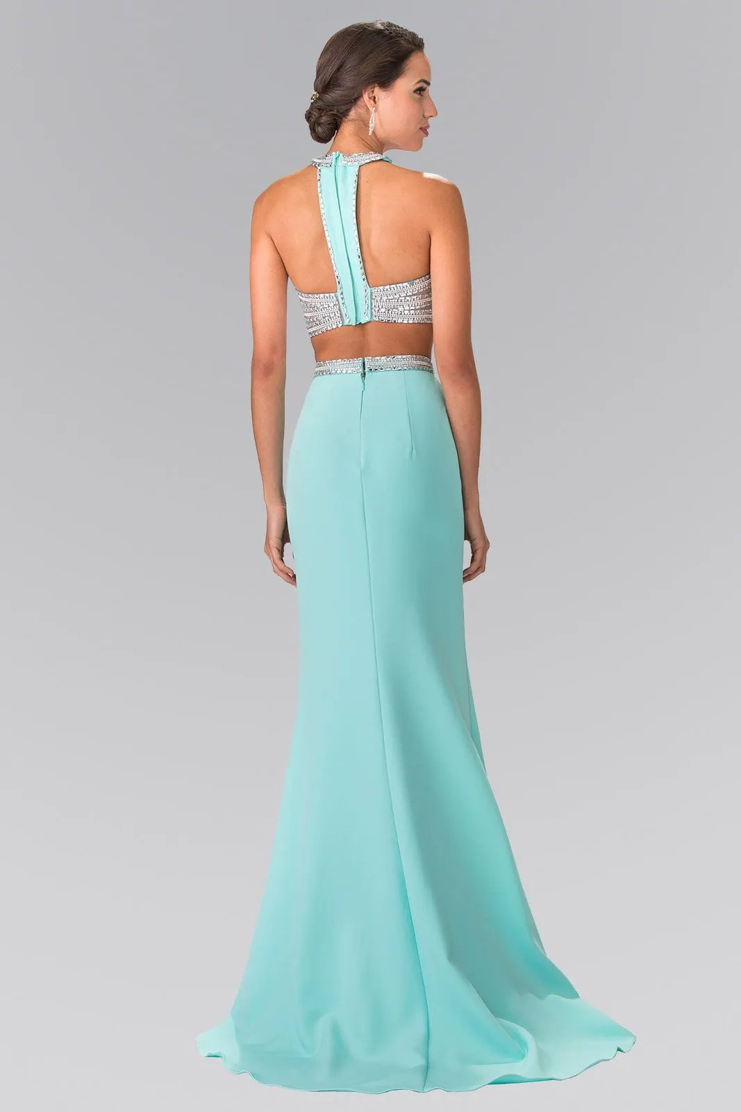 High Neck Two-Piece Jersey Long Dress Accented with a Beaded Band Waistline by Tux-USA