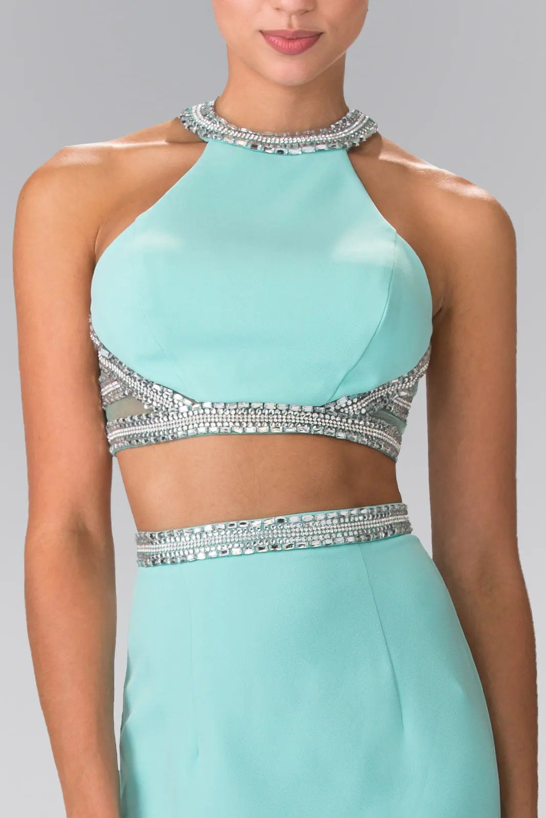 High Neck Two-Piece Jersey Long Dress Accented with a Beaded Band Waistline by Tux-USA