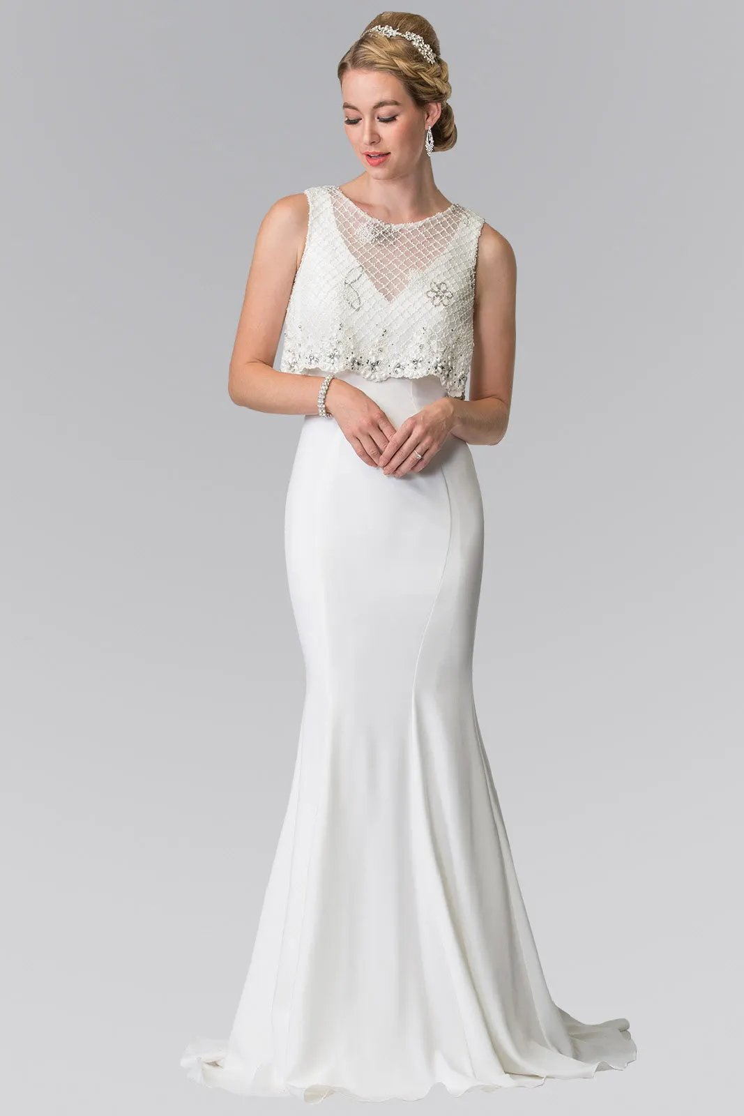 V-neck Long Dress with Detachable Beaded Lace Top by Tux-USA