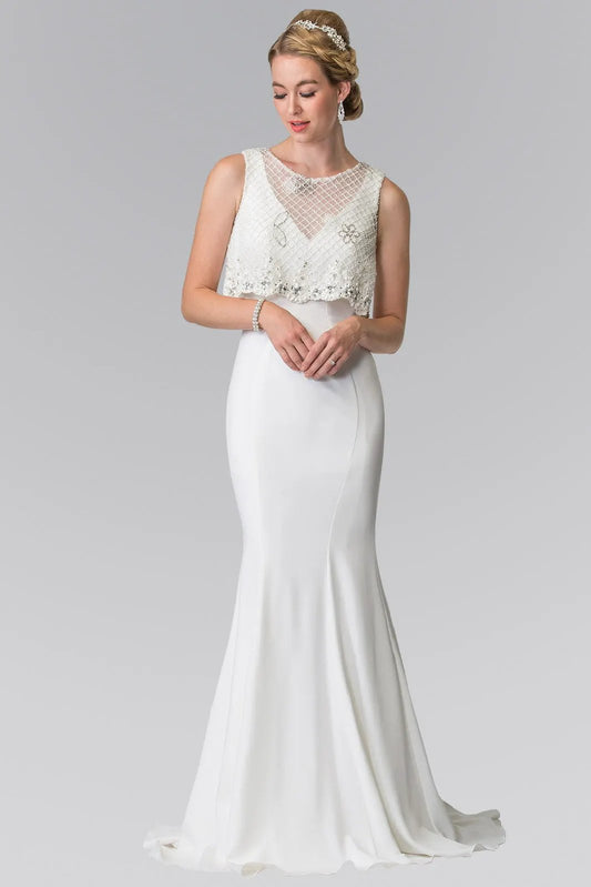 V-neck Long Dress with Detachable Beaded Lace Top by Tux-USA