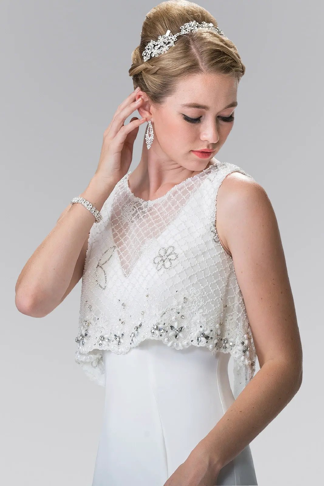 V-neck Long Dress with Detachable Beaded Lace Top by Tux-USA