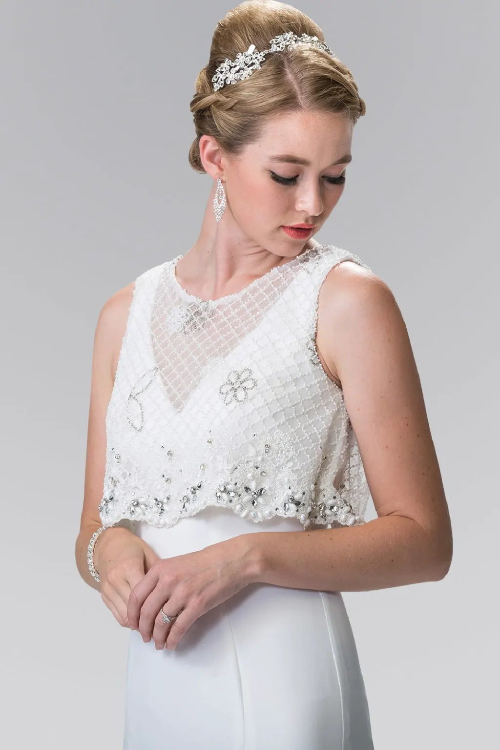 V-neck Long Dress with Detachable Beaded Lace Top by Tux-USA