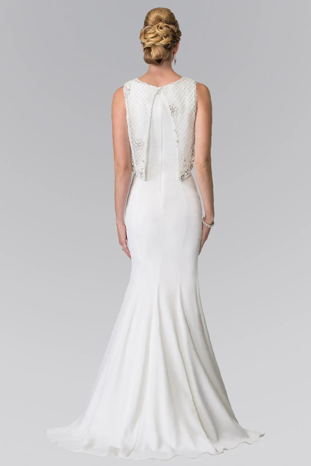 V-neck Long Dress with Detachable Beaded Lace Top by Tux-USA