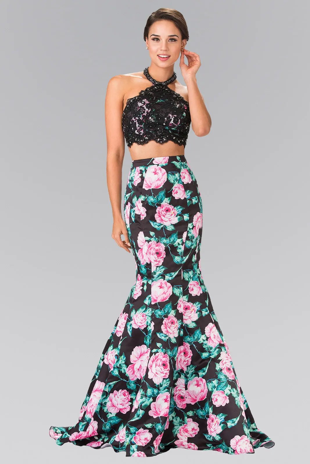 Halter-Neck Two-Piece Floral Print Long Dress by Tux-USA