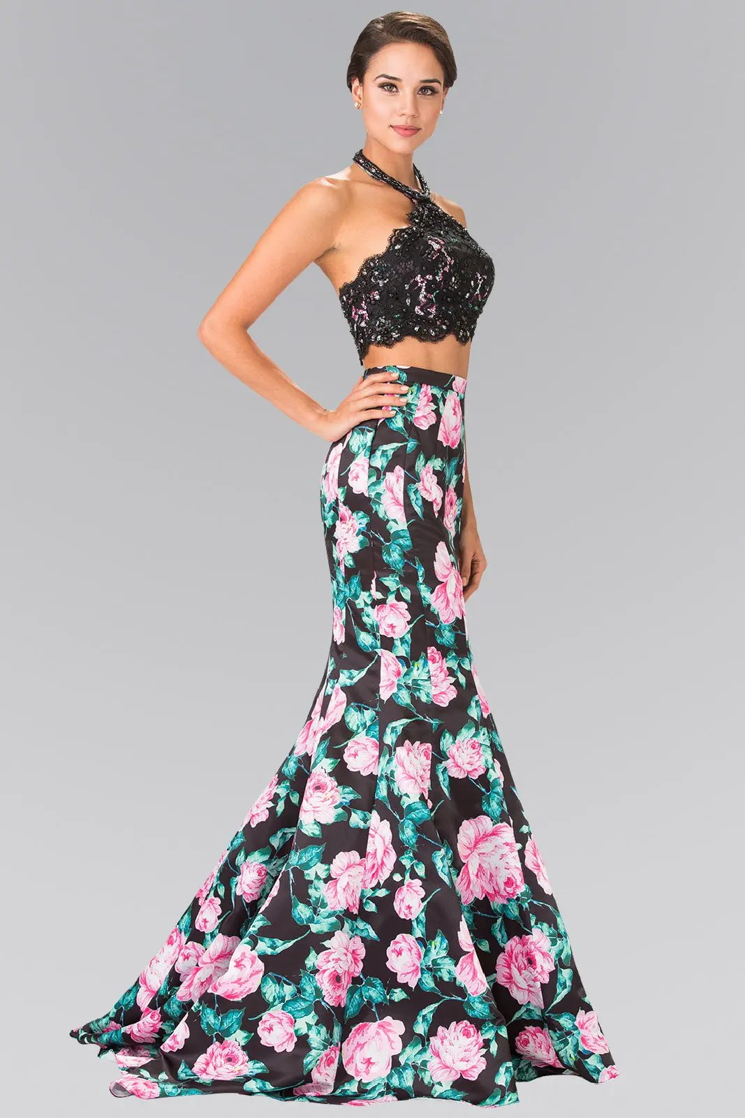 Halter-Neck Two-Piece Floral Print Long Dress by Tux-USA