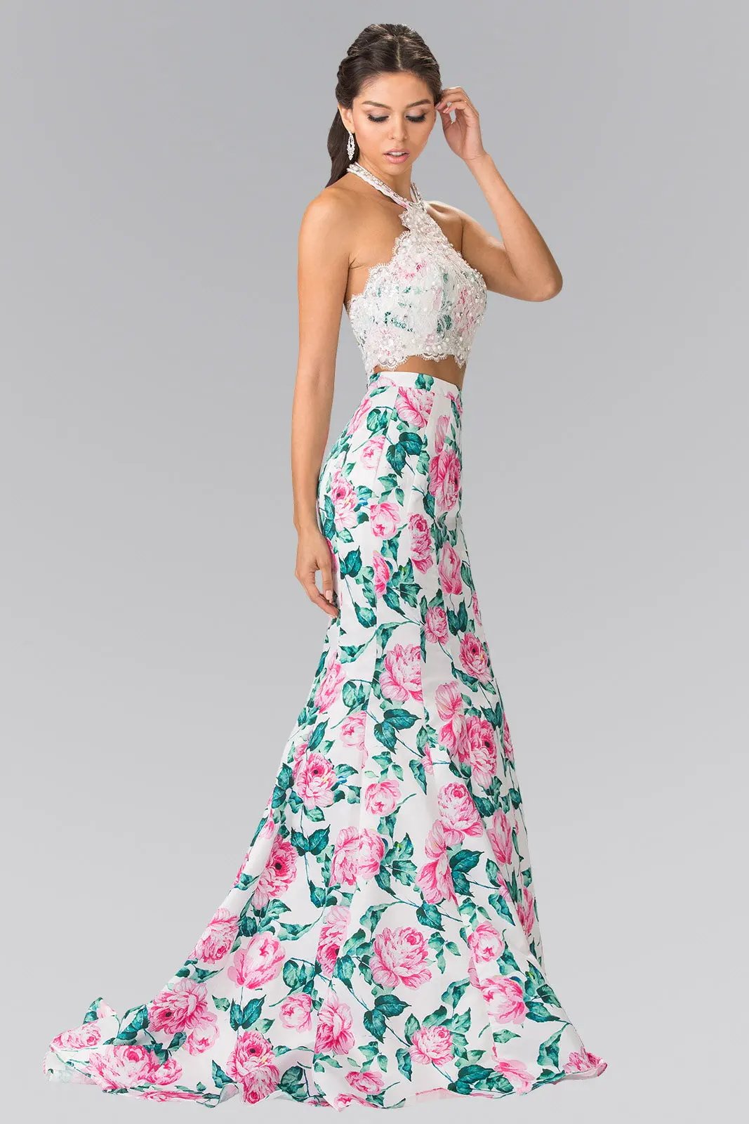 Halter-Neck Two-Piece Floral Print Long Dress by Tux-USA