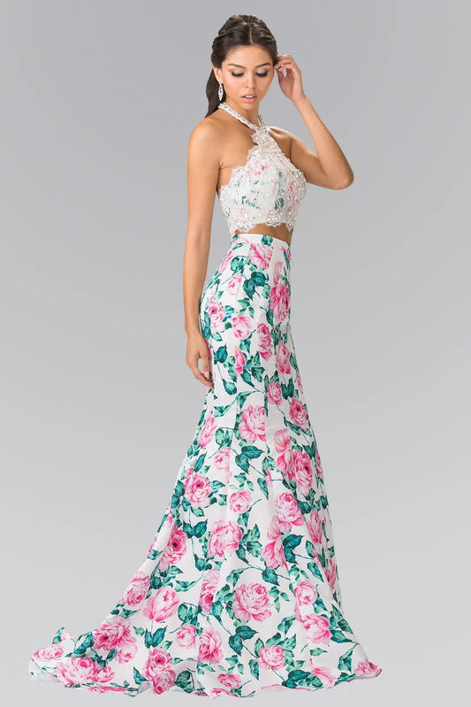 Halter-Neck Two-Piece Floral Print Long Dress by Tux-USA
