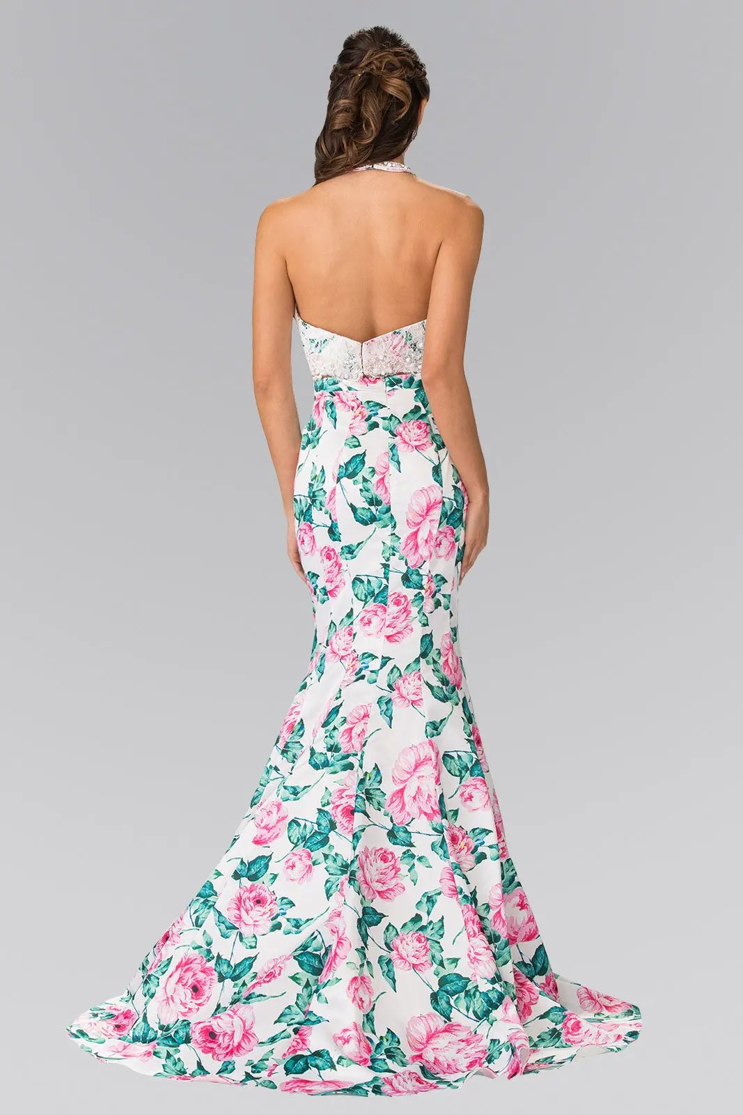 Halter-Neck Two-Piece Floral Print Long Dress by Tux-USA