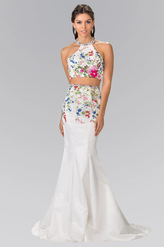 Two-Piece Floral Embroidered Satin Prom Dress with Halter-Neck and Mermaid Skirt by Tux-USA