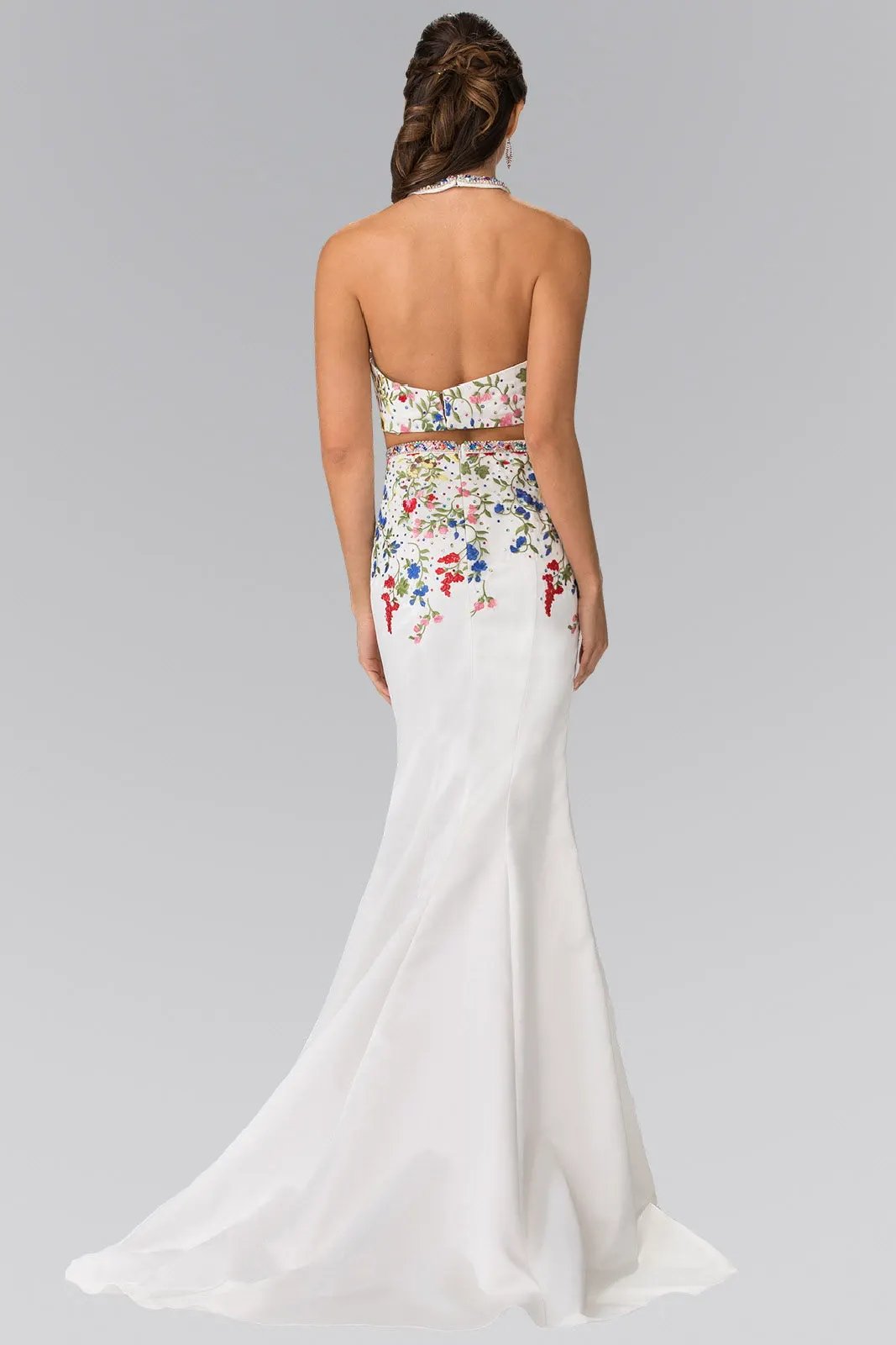 Two-Piece Floral Embroidered Satin Prom Dress with Halter-Neck and Mermaid Skirt by Tux-USA