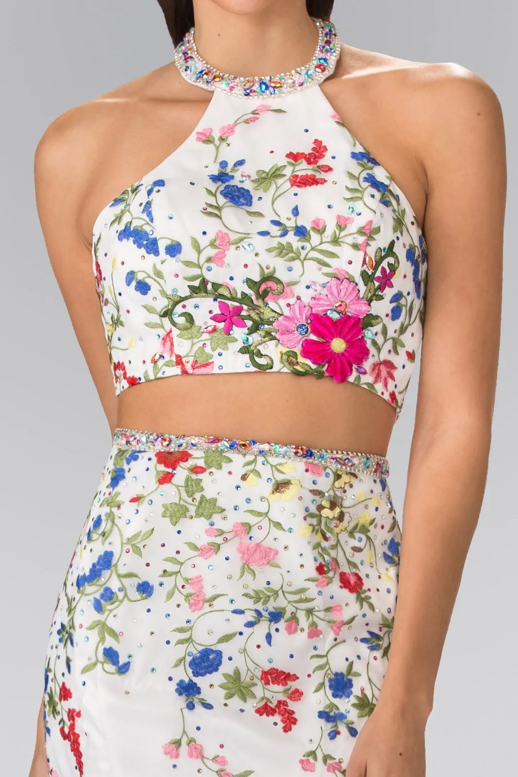 Two-Piece Floral Embroidered Satin Prom Dress with Halter-Neck and Mermaid Skirt by Tux-USA