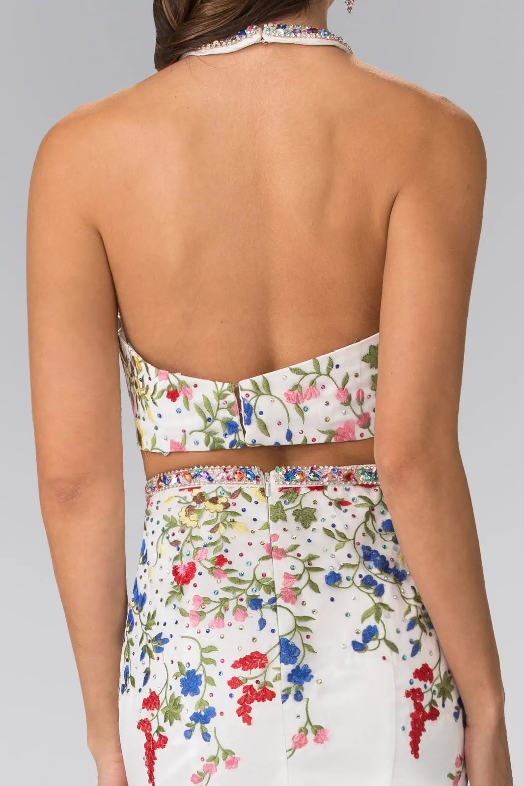 Two-Piece Floral Embroidered Satin Prom Dress with Halter-Neck and Mermaid Skirt by Tux-USA