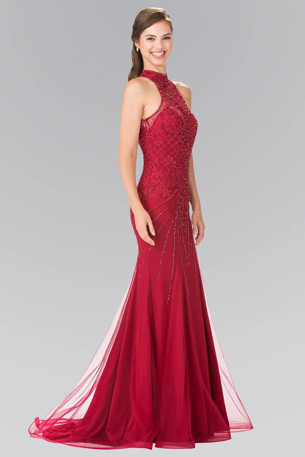 Halter-Neck Beads Embellished Bodice Tulle Long Dress by Tux-USA