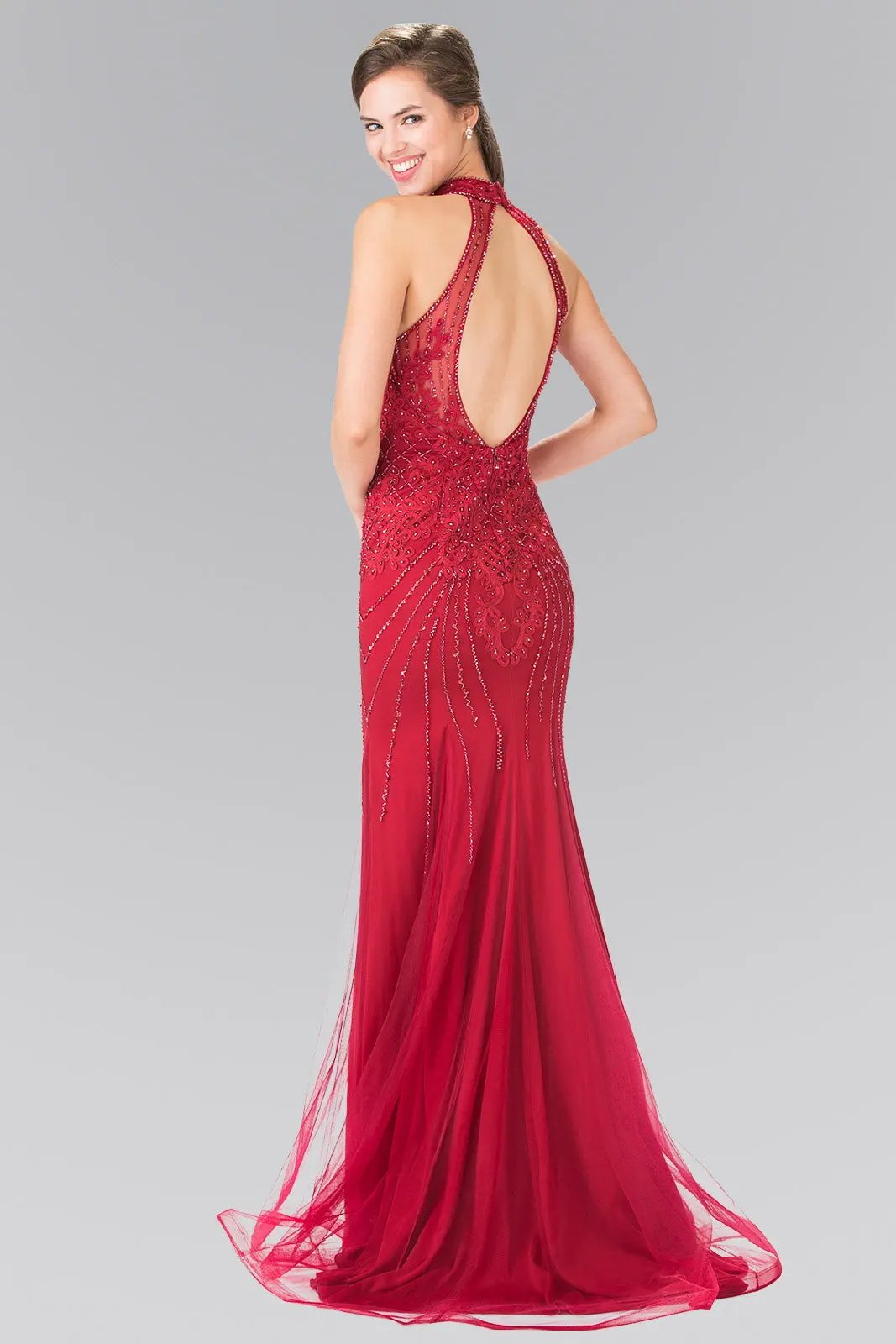 Halter-Neck Beads Embellished Bodice Tulle Long Dress by Tux-USA