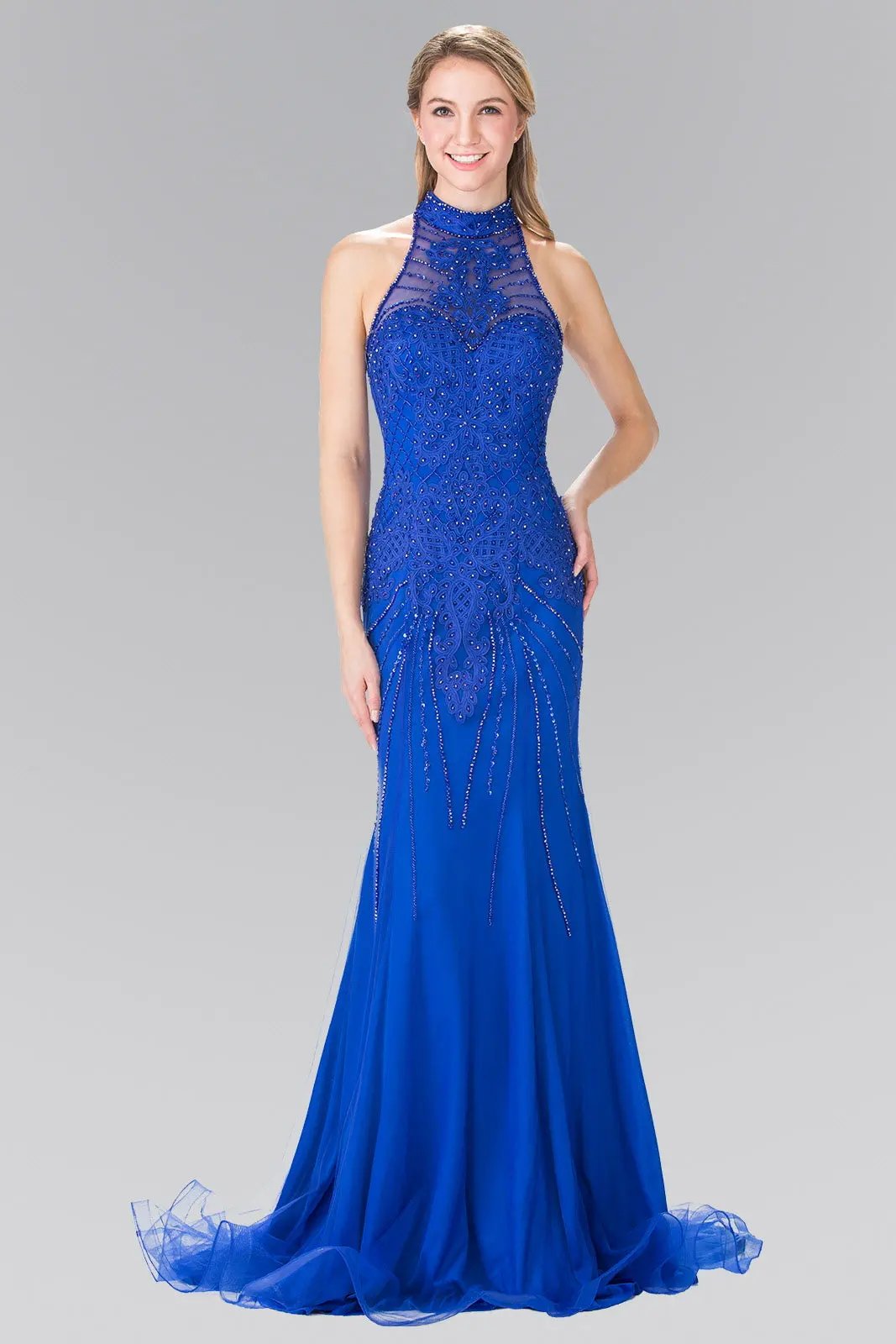 Halter-Neck Beads Embellished Bodice Tulle Long Dress by Tux-USA