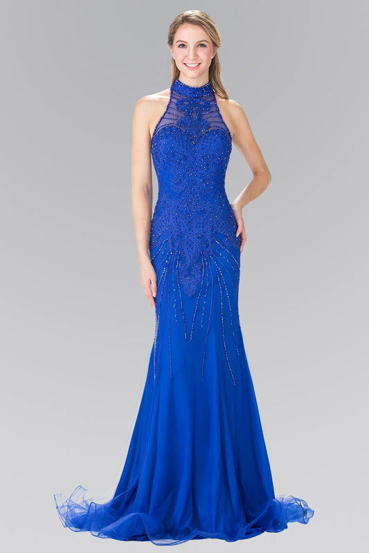 Halter-Neck Beads Embellished Bodice Tulle Long Dress by Tux-USA
