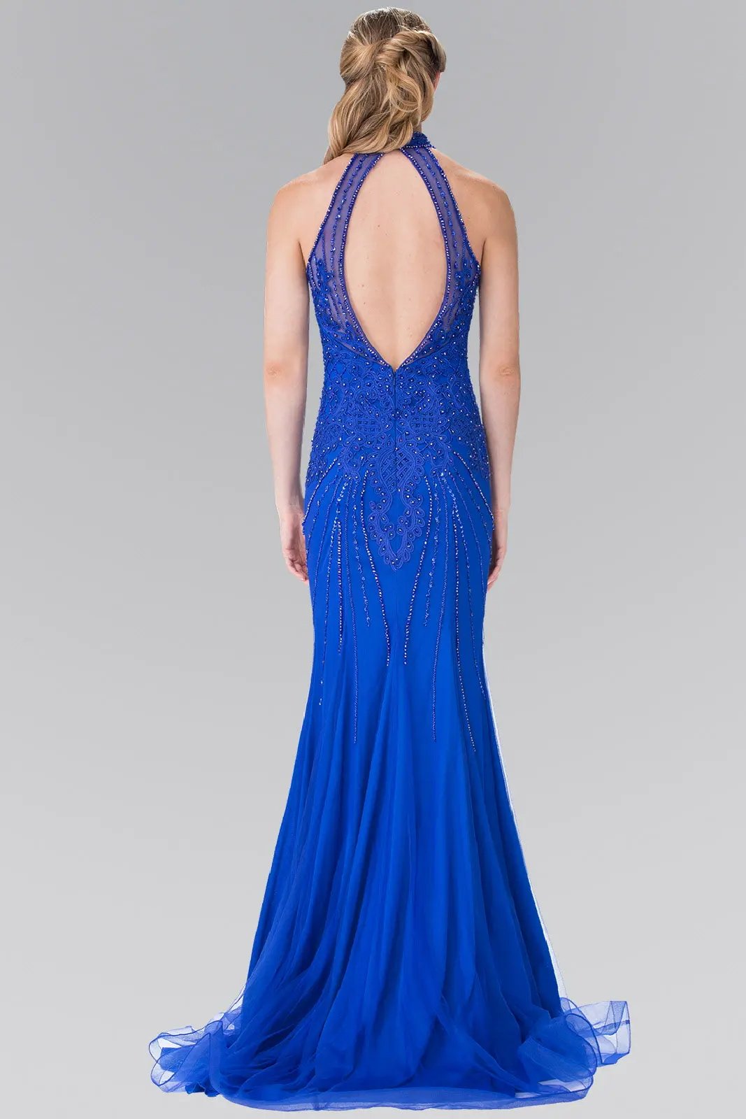 Halter-Neck Beads Embellished Bodice Tulle Long Dress by Tux-USA