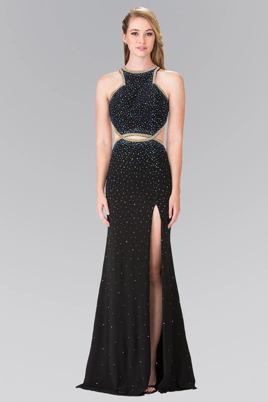Beaded High-Neck Long Dress Accented with Slit by Tux-USA