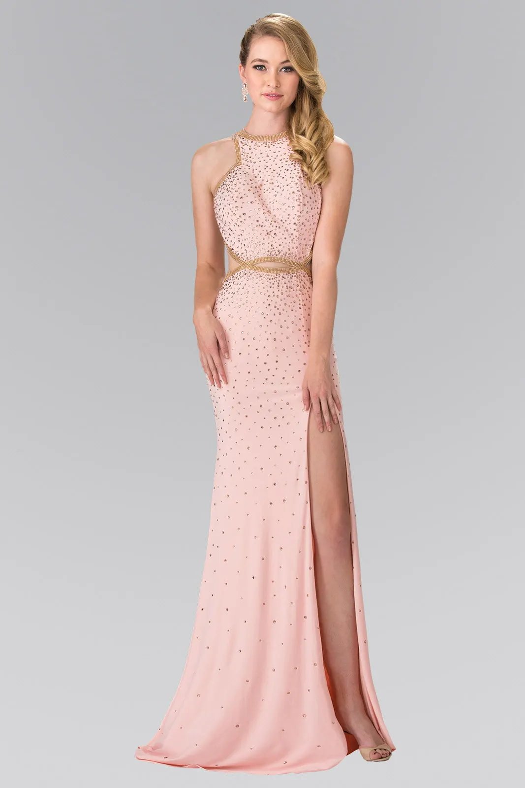 Beaded High-Neck Long Dress Accented with Slit by Tux-USA
