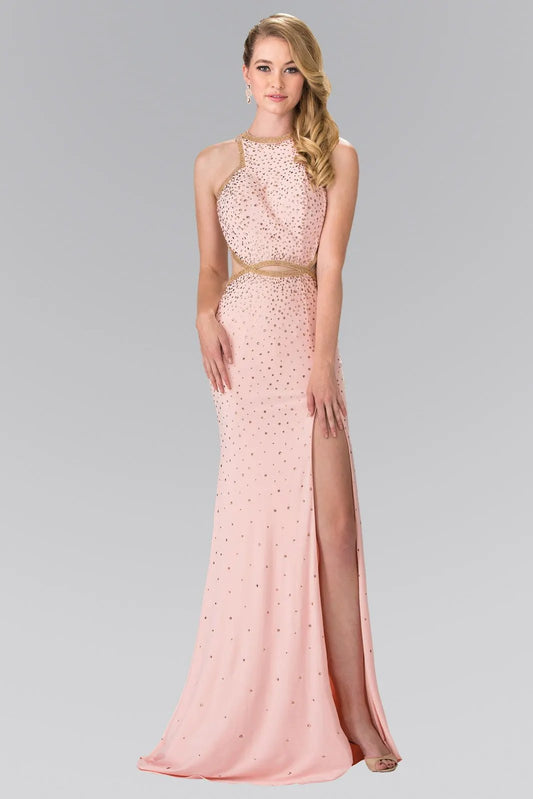 Beaded High-Neck Long Dress Accented with Slit by Tux-USA