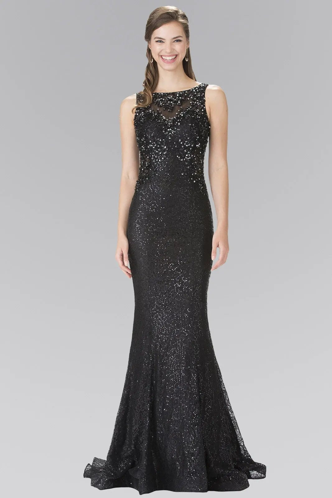Flower Sequin Embellished Lace Long Dress with Sheer Back by Tux-USA