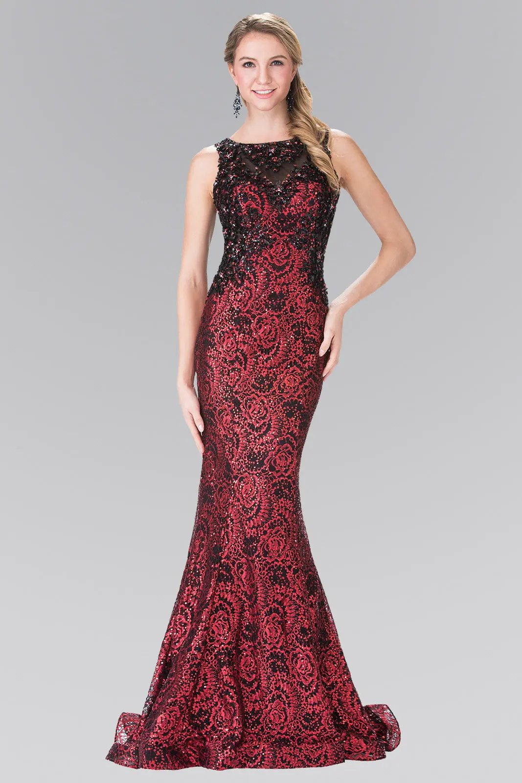 Flower Sequin Embellished Lace Long Dress with Sheer Back by Tux-USA