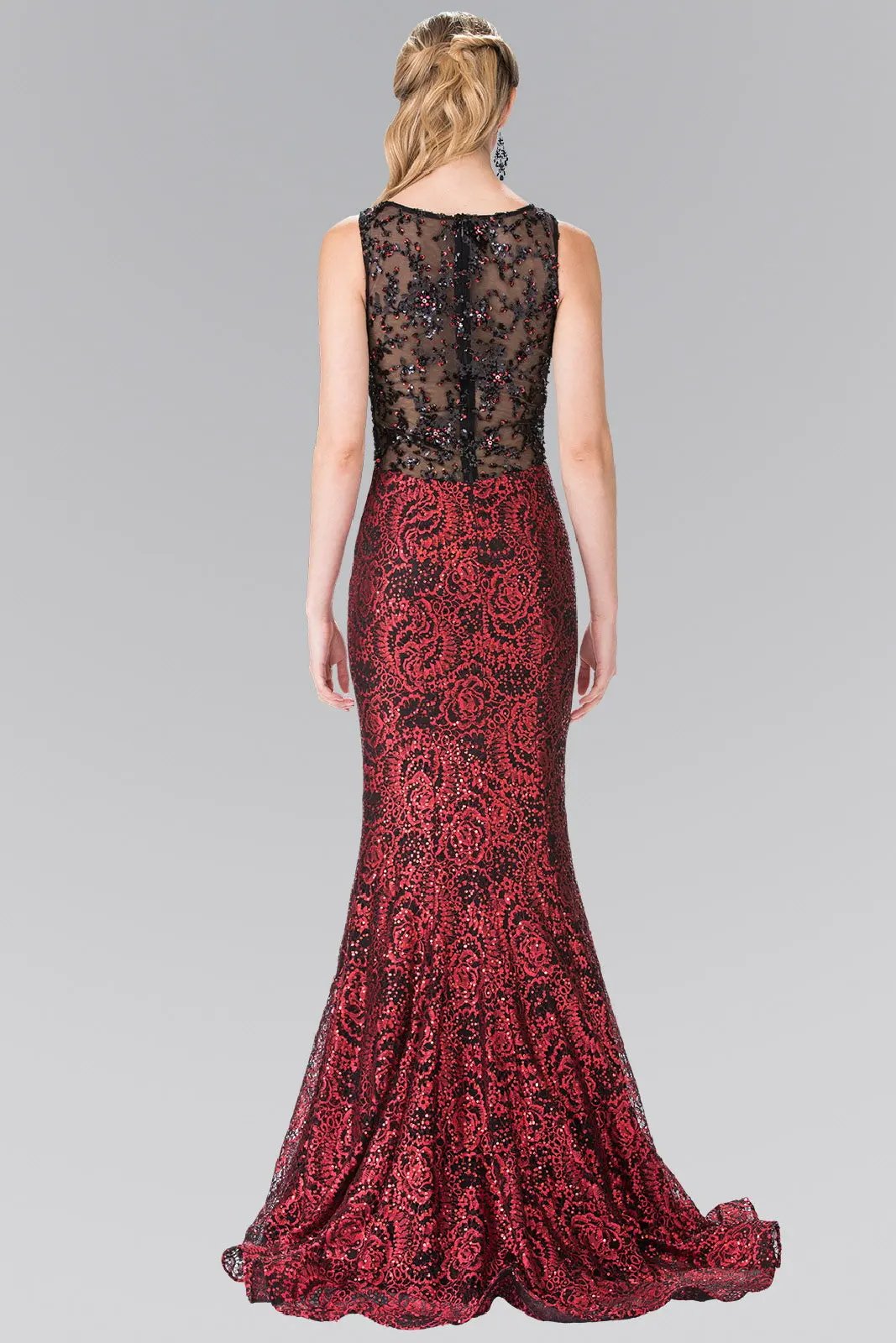 Flower Sequin Embellished Lace Long Dress with Sheer Back by Tux-USA