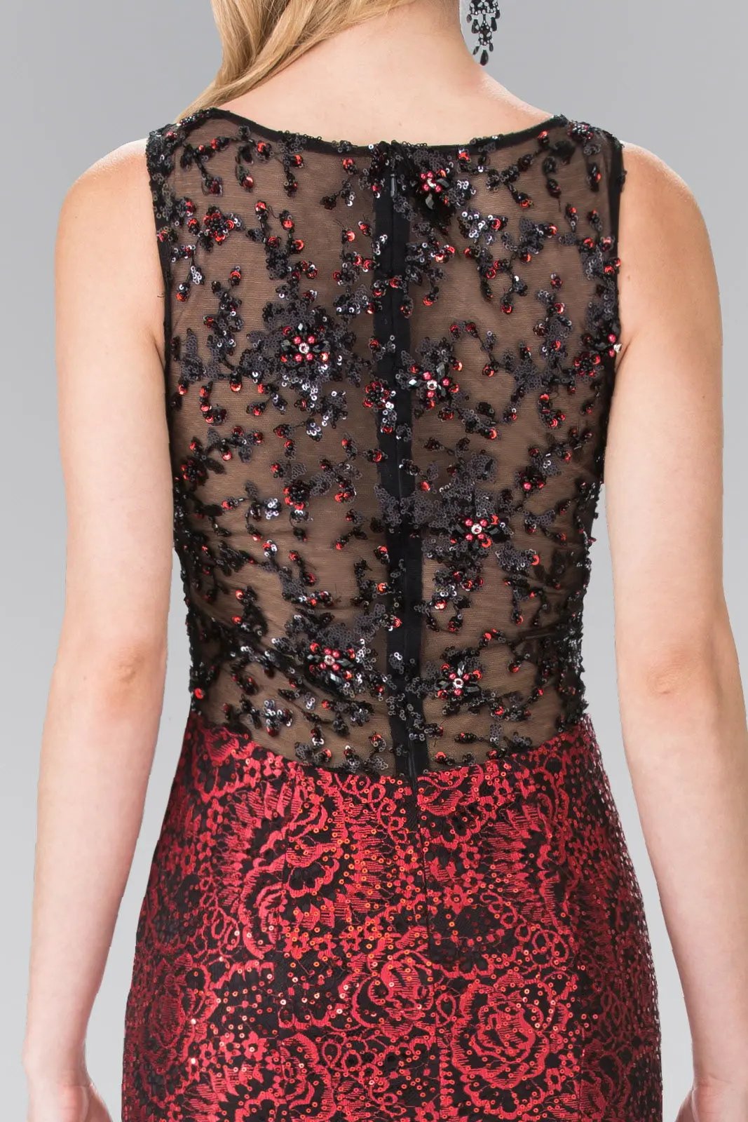 Flower Sequin Embellished Lace Long Dress with Sheer Back by Tux-USA