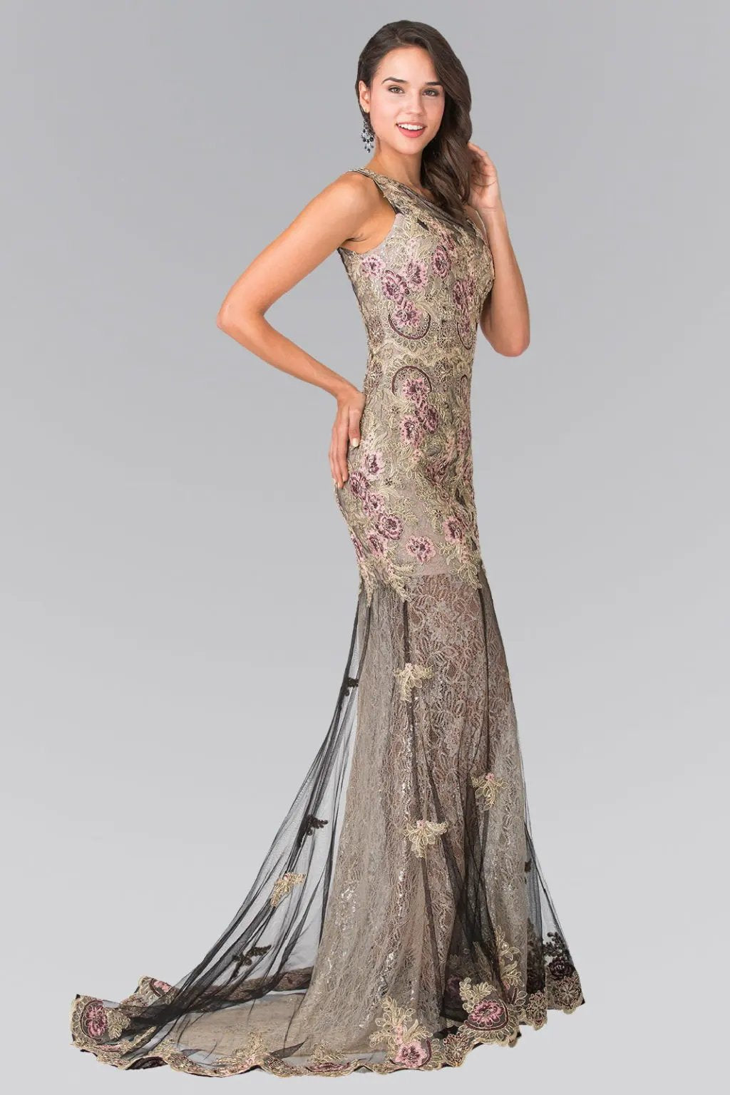 Flower Embroidered Lace Long Dress by Tux-USA