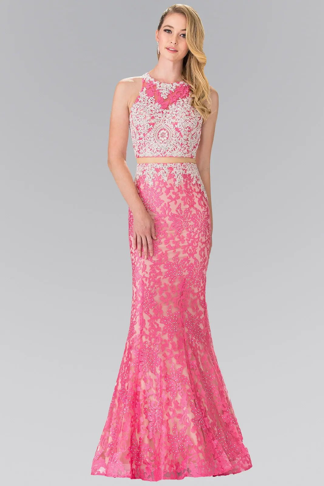 Mock Two-Piece High-Neck Lace Long Dress by Tux-USA