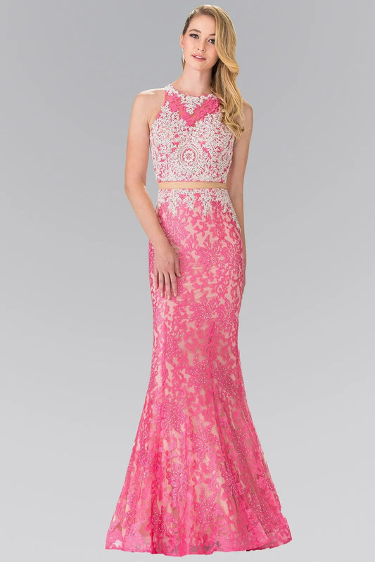 Mock Two-Piece High-Neck Lace Long Dress by Tux-USA