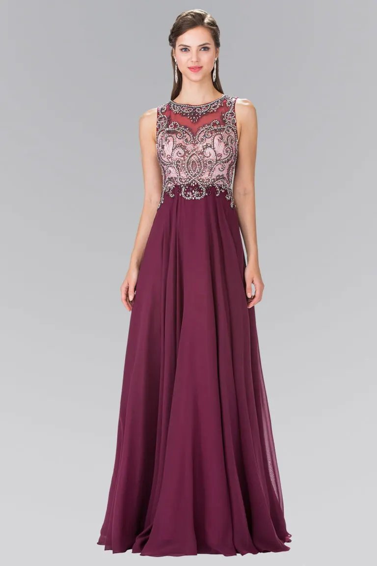 Beaded Top Chiffon Long Dress with Open Back by Tux-USA