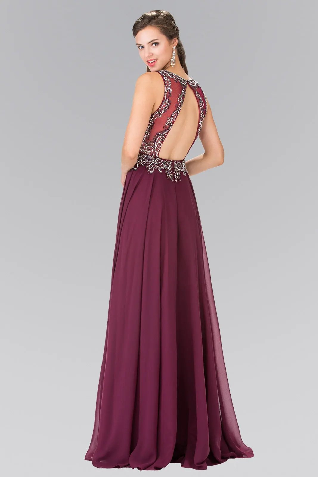 Beaded Top Chiffon Long Dress with Open Back by Tux-USA