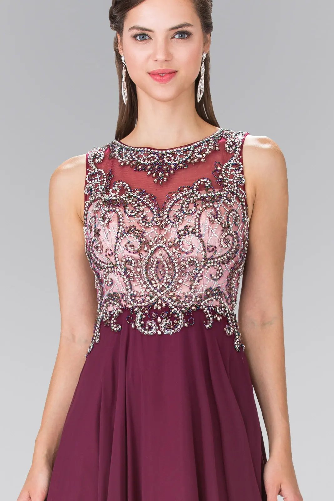 Beaded Top Chiffon Long Dress with Open Back by Tux-USA