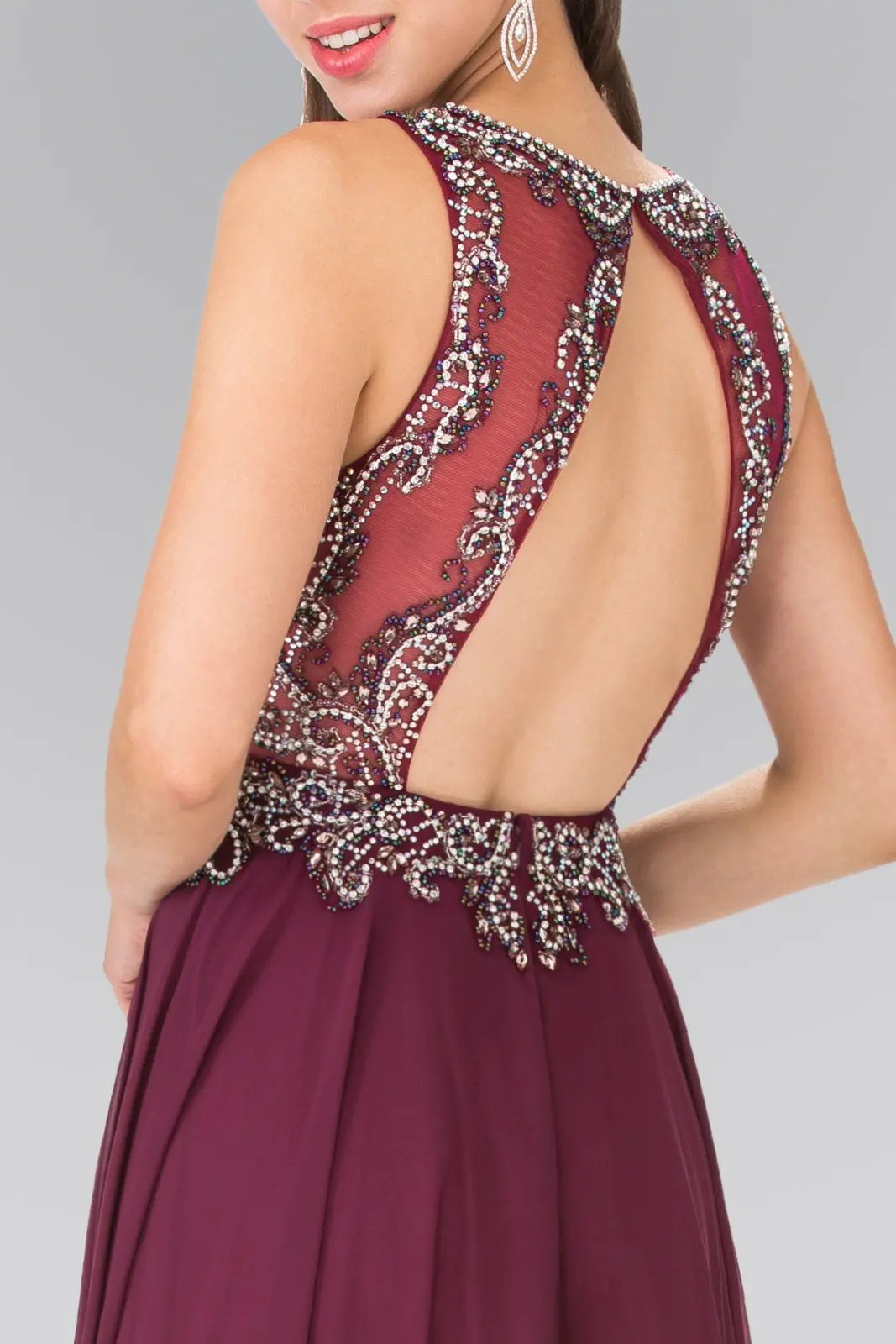Beaded Top Chiffon Long Dress with Open Back by Tux-USA