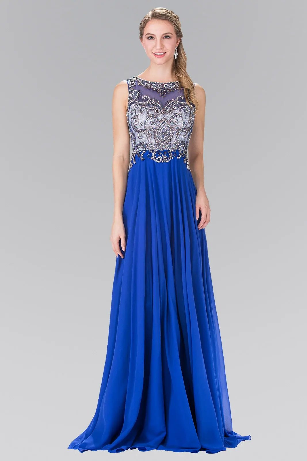 Beaded Top Chiffon Long Dress with Open Back by Tux-USA