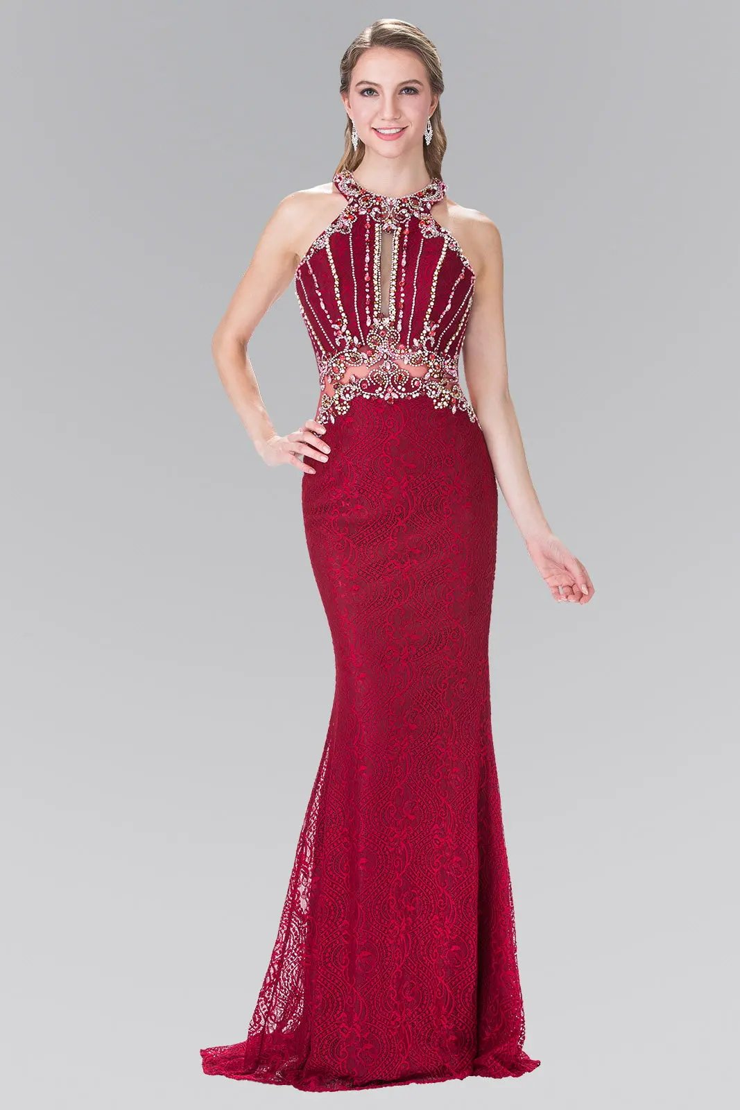 Halter-Neck Lace Long Dress with Illusion Waistline by Tux-USA