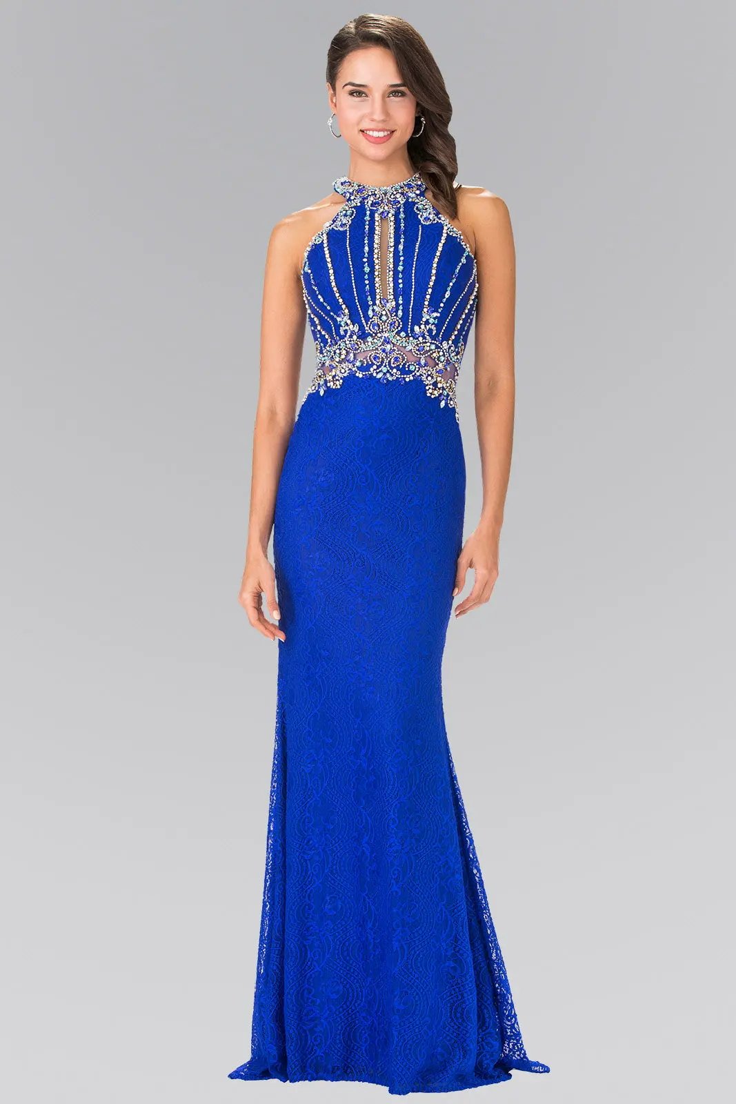 Halter-Neck Lace Long Dress with Illusion Waistline by Tux-USA